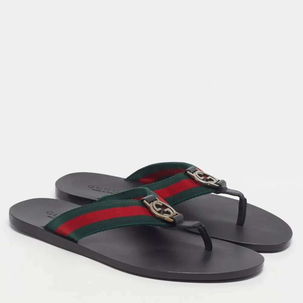 Gucci  Size 41 Black Leather Web Strap Interlocking G Thong Flats